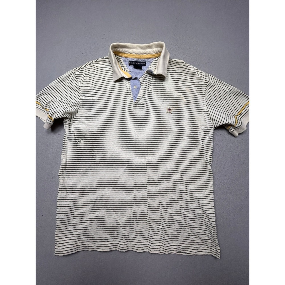 Tommy Hilfiger Polo Shirt Cotton Striped Green White Yellow L Mens